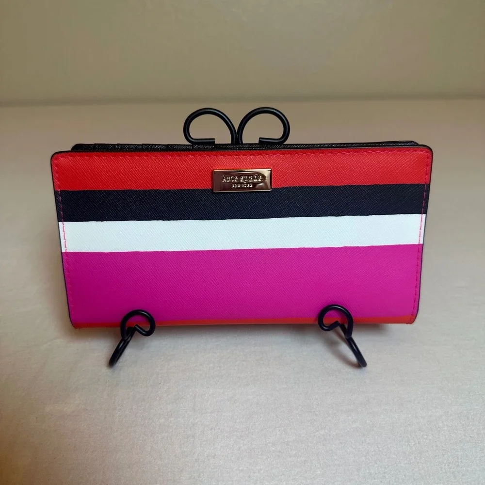 Kate‎ Spade New York Striped Saffiano Leather Bifold Slim Wallet Red Pink Black